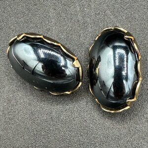 Vintage Mid-Century faux hematite, black cabochon Earrings Sarah Coventry